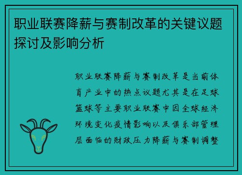 职业联赛降薪与赛制改革的关键议题探讨及影响分析 职业联赛降薪与赛制改革的关键议题探讨及影响分析