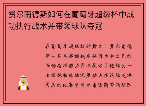 费尔南德斯如何在葡萄牙超级杯中成功执行战术并带领球队夺冠 费尔南德斯如何在葡萄牙超级杯中成功执行战术并带领球队夺冠