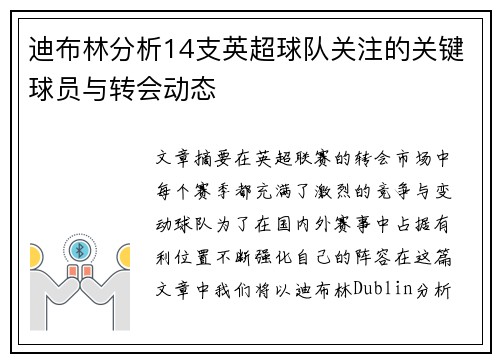 迪布林分析14支英超球队关注的关键球员与转会动态 迪布林分析14支英超球队关注的关键球员与转会动态